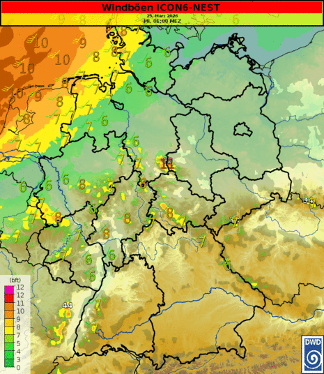 Animation der Windentwicklung am Mittwoch, den 25.03.2026