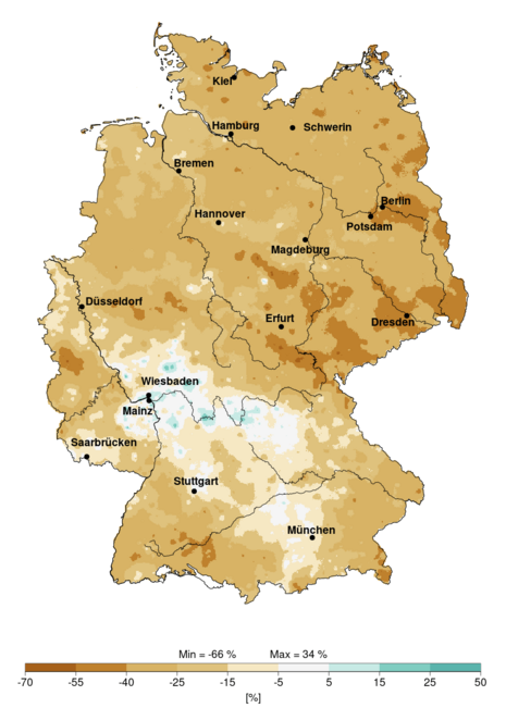 Prozentuale Niederschlagsabweichung vom langjährigen Mittel (1971-2000), für den Winter 2026.