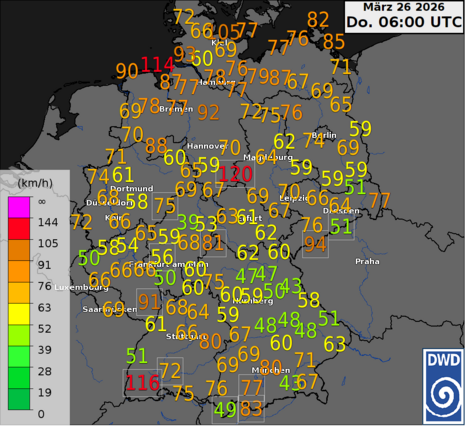 Maximale Windböen am Mittwoch, den 25.03.2026 (Meldezeitpunkt: Donnerstag, den 26.03.2026, 06 UTC)
