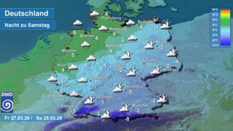 Wettervorhersage sowie Vorhersage der nächtlichen Tiefsttemperaturen in Deutschland in der Nacht zum Samstag, den 28.03.2026