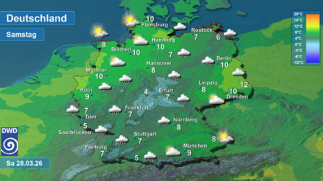 Wettervorhersage sowie Vorhersage der Tageshöchsttemperaturen in Deutschland am morgigen Samstag, den 28.03.2026
