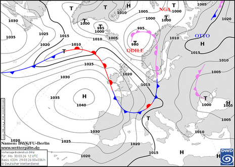 Bodendruck- und Frontenvorhersagekarte für Montag, 30.03.2026, 12 UTC; Basis ICON, Lauf vom 29.03.2026, 00 UTC