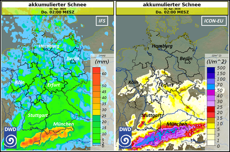 Akkumulierte Schneehöhen bis in die Nacht zum Donnerstag, links nach IFS, rechts nach ICON-EU