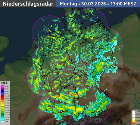 Auch das Niederschlagsradar zeigt die klassische 