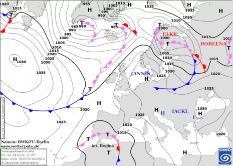 Wetter- und Temperaturkarte, am Mittwoch 04.03.2026. Quelle: Deutscher Wetterdienst