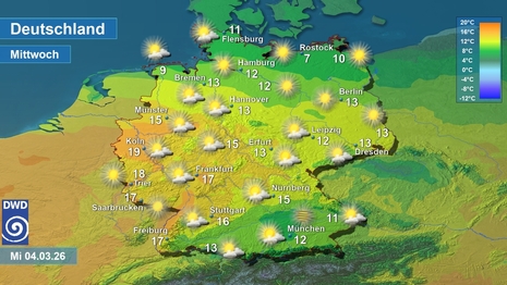Wetter- und Temperaturkarte, am Donnerstag 05.03.2026. Quelle: Deutscher Wetterdienst