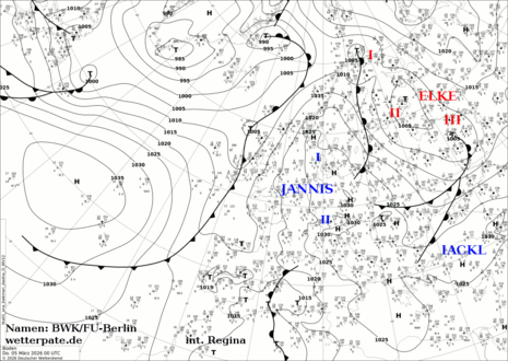 Karte Europa und Nordatlantik mit der Analyse von Wetter und Isobaren vom 05.03.2026 00 UTC
