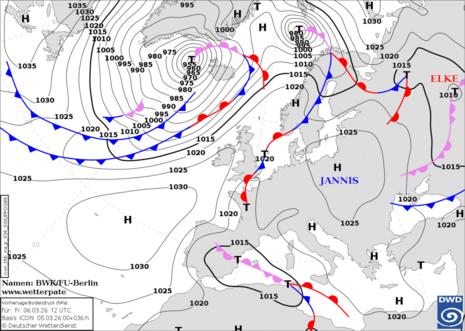 Karte Europa und Nordatlantik mit Vorhersage der Isobaren und Druckzentren für Freitag, 06.03.2026 mittags