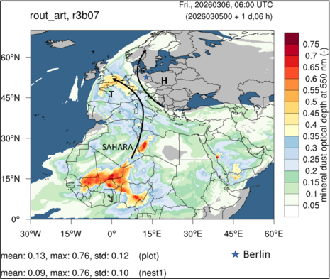 Ausschnitt Europa und Nordafrika mit der Vorhersage der Staubbelastung aus dem ICON-ART Modell für Freitag, 06.03.2026 06 UTC