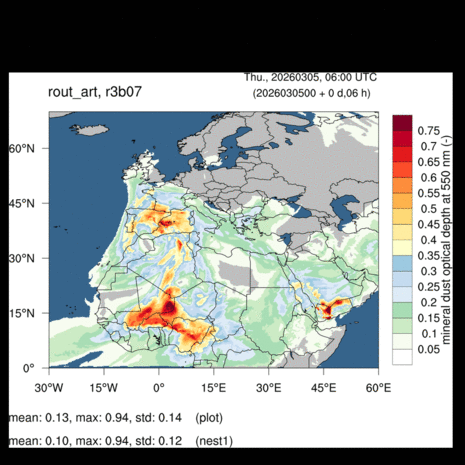 Animation der Vorhersage der Staubkonzentration aus dem ICON-ART Modell, Lauf vom 05.03.2026 00 UTC