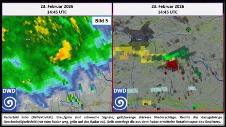 Bild 5: Radarbild vom 23. Februar 2026 (links Reflektivität, rechts Geschwindigkeitsfeld)