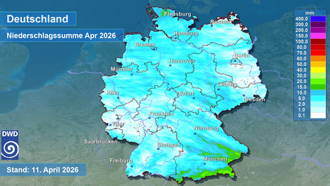 Aus Radardaten abgeleitete Gesamtniederschlagsmenge im April bis zum heutigen Samstag
