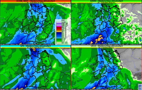 Akkumulierte Gesamtniederschlagsmenge in l/qm von Samstag bis Mittwochfrüh auf Basis unterschiedlicher Wettermodelle