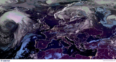 Die Animation zeigt eine Abfolge von Satellitenbildern über Europa. Über Deutschland ist es meist wolkenlos, über dem Ostatlantik und über Osteuropa zeigen sich prägnante Wolkenbänder der Tiefdrucksysteme. (Quelle EUMETSAT)