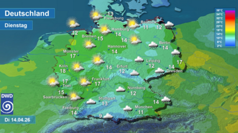 Wettervorhersage sowie Vorhersage der Tageshöchsttemperaturen in Deutschland am morgigen Dienstag, den 14.04.2026