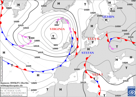 Bodenanalyse mit Fronten und Luftdruck, Mittwoch den 15.04.2026 12 UTC. Quelle: Deutscher Wetterdienst