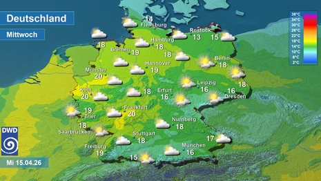 Wetter- und Temperaturkarte, am Mittwoch 15.04.2026. Quelle: Deutscher Wetterdienst