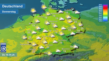 Wetter- und Temperaturkarte, am Donnerstag 16.04.2026. Quelle: Deutscher Wetterdienst