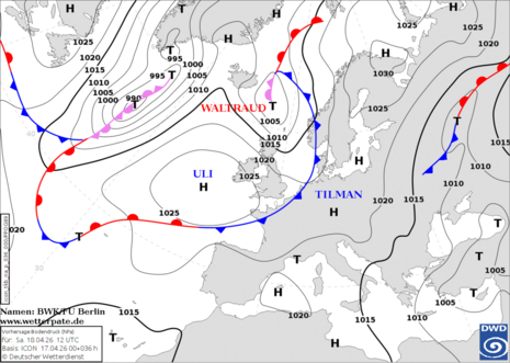 Prognostizierte Wetterlage am Samstagmittag mit Hoch ULI westlich der Britischen Inseln und tief Waltraud über der nördlichen Nordsee.