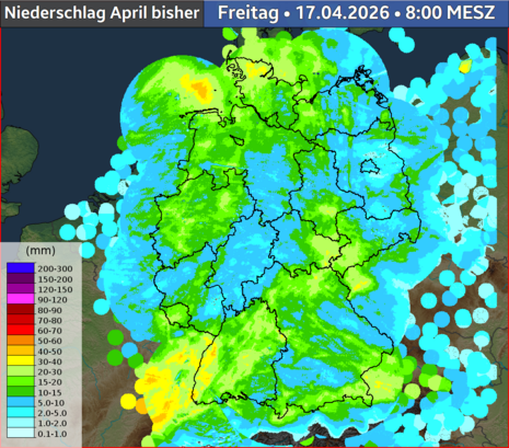 Aus dem Radar abgeleiteter Gesamtniederschlag im April bisher.
