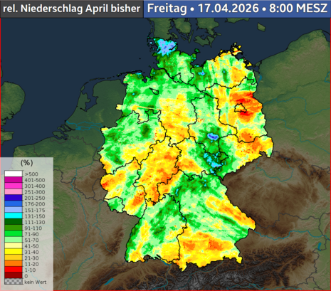 Bisherige Niederschlagsmengen in Relation zum vieljährigen Monatsmittelniederschlags.