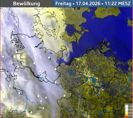 Satellitenbild und Bewölkungsmessungen von Ostseeregion am späten Vormittag des 17. April mit Seenebel in der Kieler Bucht südwärts ausgreifend.
