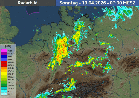Radar-Animation von Sonntag (7 Uhr) bis Montag (12 Uhr).