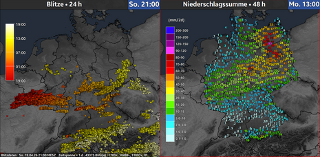 24-stündige Blitze bis Sonntag (21 Uhr) und 48-stündiger Niederschlag bis Montag (13 Uhr).