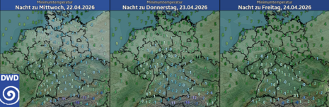 Die prognostizierten Minima zeigen für die kommenden Nächte gebietsweise Fröste, vor allem für die Nacht zum 22.04.2026.