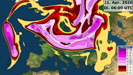 Animation der aus Modelldaten berechneten potenziellen Vorticity in der Höhenströmung (der Vollständigkeit halber: auf der 320 K Isentrope), in 3-Stunden Schritten vom 21.04.2026 00 UTC bis zum 24.04.2026 00 UTC.