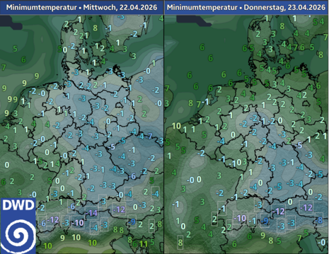 Messwerte: Tiefstwerte der Temperatur in 2 m Höhe am 22. und 23.04.2026