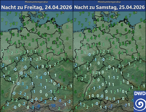 Prognose (MOS): Tiefstwerte der Temperatur in 2 m Höhe am 24. und 25.04.2026