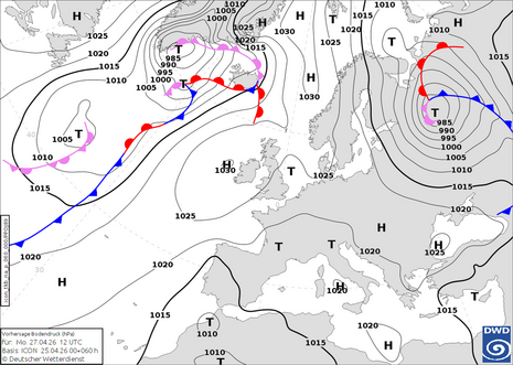 Karte Europa und Nordatlantik mit der Vorhersage des Bodendruckfeldes (in hPa) für Sonntag, 26.04.2026 12 UTC/14 MESZ