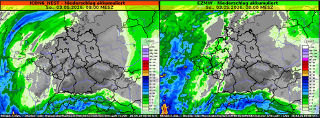 Abbildung 1: Gesamtniederschlag bis Sonntag (03.05.26) 8 Uhr. Links: Basierend auf dem ICON6-Modelllauf vom 28.04.26 6 UTC. Rechts: Basierend auf dem EZMW-Modelllauf vom 28.04.26 0 UTC