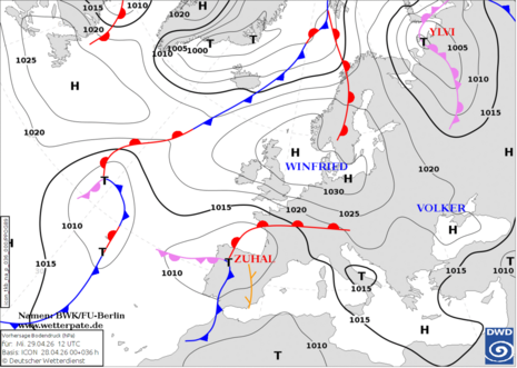 Bodenanalyse mit Fronten und Luftdruck, Mittwoch den 29.04.2026 12 UTC. Quelle: Deutscher Wetterdienst. Quelle: DWD