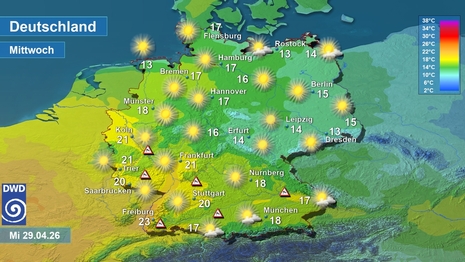 Wetter- und Temperaturkarte, am Mittwoch 29.04.2026. Quelle: Deutscher Wetterdienst