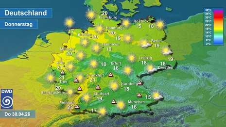 Wetter- und Temperaturkarte am Donnerstag, 30.04.2026. Quelle: Deutscher Wetterdienst