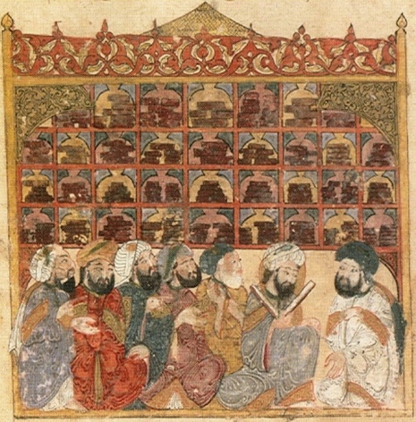 Gelehrte einer abbasidischen Bibliothek in Bagdad, 1237, Yahyá al-Wasiti, Makame al-Hariri, Bibliothèque nationale de France, Paris,Quelle: Zereshk über Wikimedia Commons
