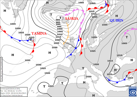 DWD-Vorhersagekarte für den Bodendruck und die Luftmassengrenzen im Bereich von Europa und dem Nordostatlantik für Donnerstag, den 09. April 2026, 12 UTC auf Basis des ICON-Modelllaufs vom 08. April 2026, 00 UTC. Quelle: DWD