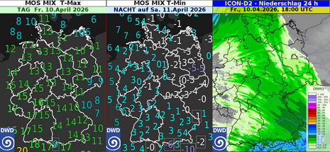 Vorhersage der MOSMIX-Tageshöchsttemperatur für Freitag (links), der MOSMIX-Tiefsttemperatur für die Nacht zum Samstag (Mitte) sowie der 24-stündigen Niederschlagsvorhersage des ICON-D2-Wettermodells von Donnerstag- bis Freitagabend (rechts). Quelle: DWD