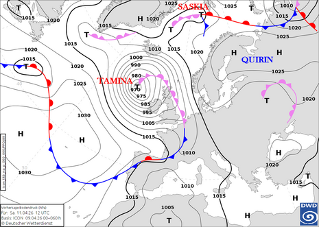 DWD-Vorhersagekarte für den Bodendruck und die Luftmassengrenzen im Bereich von Europa und dem Nordostatlantik für Samstag, den 11. April 2026, 12 UTC auf Basis des ICON-Modelllaufs vom 09. April 2026, 00 UTC. Quelle: DWD