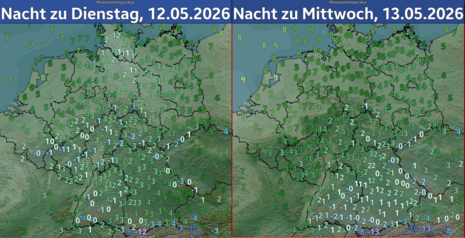Tiefsttemperaturen für Dienstagfrüh und Mittwochfrüh in Deutschland. Vor allem in den Mittelgebirgen im Süden gibt ist örtlich leichter Frost wahrscheinlich. Quelle: Deutscher Wetterdienst