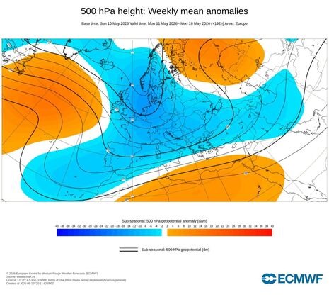 Abweichungen des Geopotentials für die 2. Maiwoche über Europa. Tiefes Geopotential sorgt für wechselhaftes Wetter in weiten Teilen von Zentral - und Westeuropa. Quelle: Europäisches Zentrum für mittelfristige Wettervorhersage