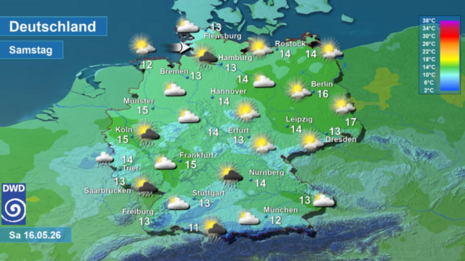 Wettervorhersage sowie Vorhersage der Tageshöchsttemperaturen in Deutschland am morgigen Samstag, den 16.05.2026