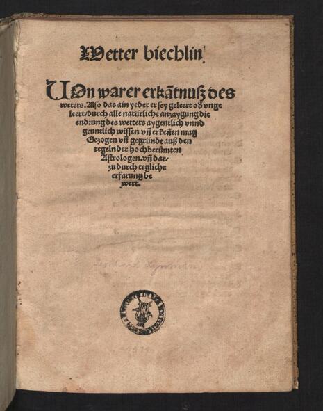 Wetterbüchlein, Titelseite einer Ausgabe von 1511, Leonhard Reynmann, Universitätsbibliothek Mannheim, Quelle: Stefan Weil über Wikimedia Commons