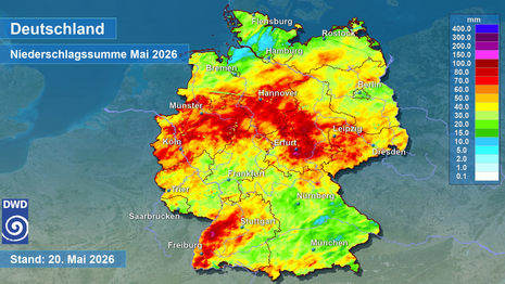 Aus Radardaten abgeleitete akkumulierte Gesamtniederschlagsmenge in l/qm von Anfang Mai bis zum 20. Mai, 08 MESZ