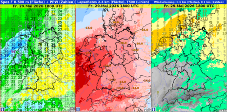 Gewitterzutaten für Freitag, den 29.05.2026 um 18 UTC. Im Nordwesten überlappen sich die Felder mit hoher Feuchte, Labilität und Windscherung.