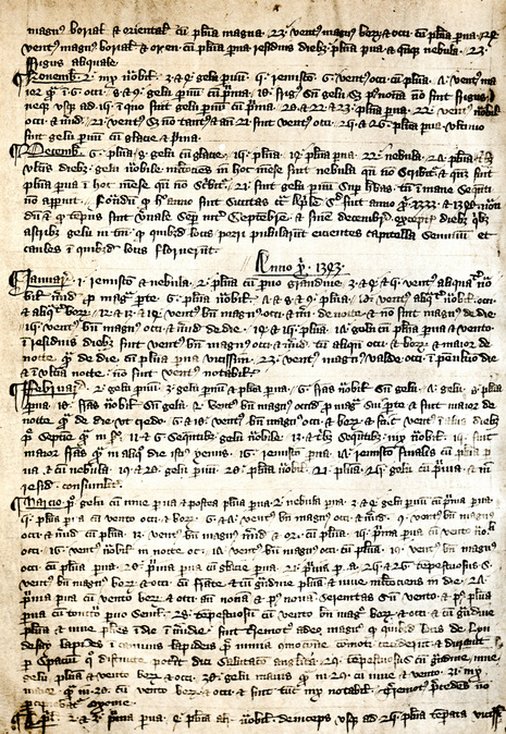 Wettertagebuch von Merle: Aufzeichnungen in lateinischer Sprache vom November 1342 bis März 1343, Bodleian Libraries, Quelle: Bodleian Libraries über University of Oxford, Oxford, Vereinigtes Königreich