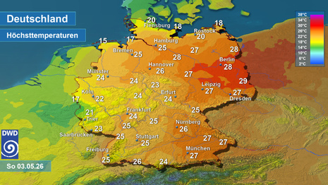 Tageshöchsttemperaturen vom Sonntag, 03.05.2026
