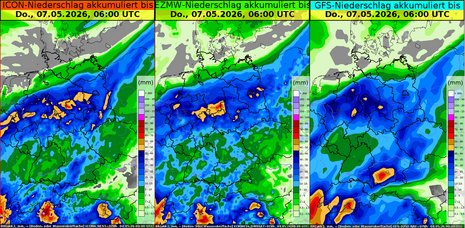 Akkumulierte Regenmenge bis Donnerstag, 07.05.2026, 6 UTC/8 MESZ; Vorhersagen von ICON (deutsches Modell), EZMW (europäisches Modell) und GFS (US-amerikanisches Modell), Modelllauf jeweils vom 04.05.2026, 00 UTC